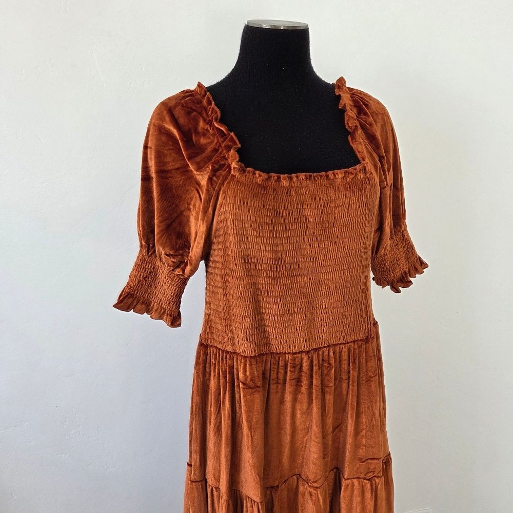 Burnt Orange Copper Velvet Maxi Dress Tiered Smocked Holiday Party Christmas M - Picture 4 of 12